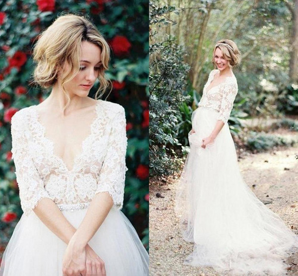 2021 New Modest Bohemian Country Wedding Es Vintage Lace with Half Sleeves v Neck Beaded Sash Sweep Train Tulle Bridal Gowns Xye1