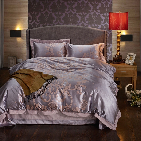 silver european leaves bedding set queen king size silk cotton jacquard duvet cover sets bedlinens flat sheet pillow cases