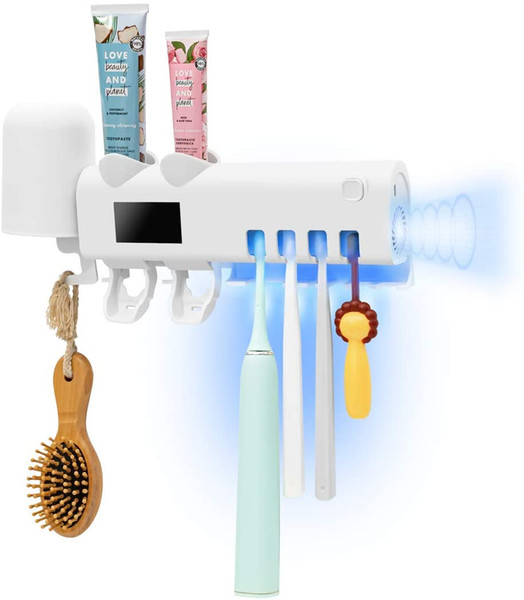 uv toothbrush sanitizer with 2 toothpaste dispenser, toothbrush holder wall mounted with sanitizer function, 2000mah charging toothbrush