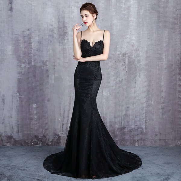 Black Mermaid Lace LongWedding Dresses With Straps Open Back Women Modern Non White Reception Gowns Simple Elegant Custom Made