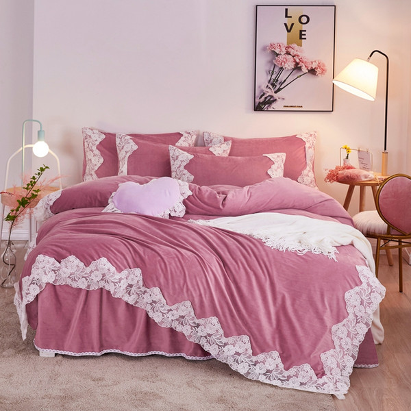 pink green yellow winter velvet white lace princess girl bedding set fleece fabric duvet cover bed sheet bed skirt pillowcases