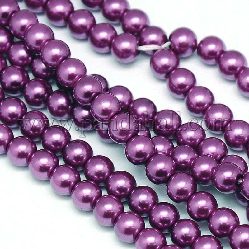 Environmental  Dyed Glass Pearl Round Bead Strands, Cotton Cord Threaded, MediumVioletRed, 8mm, Hole: 0.7~1.1mm; about 52pcs/strand, 15