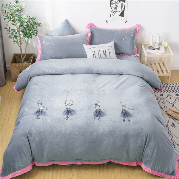 new gray purple pink ballet girl embroidery winter fleece fabric girl bedding set flannel duvet cover bed sheet/linen pillowcase