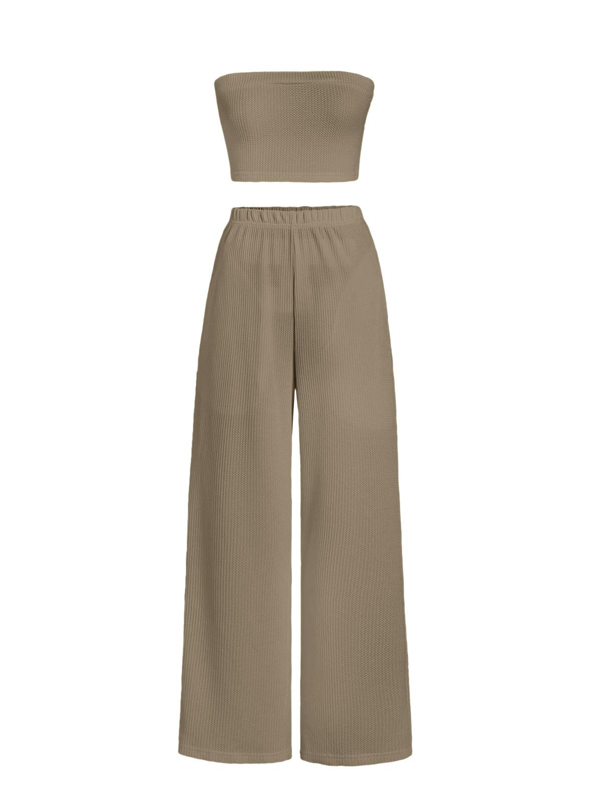 Solid Color Textured Tube Crop Top and Pockets Pants Set L Deep coffee