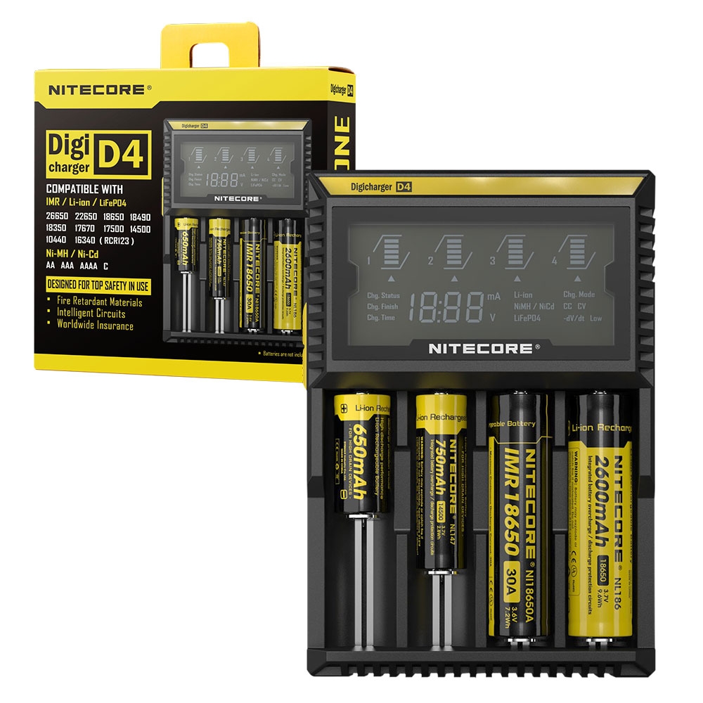 Nitecore D4 Multi Digi-Charger LCD Display Intelligent Charger for NiMH, Li-Ion IMR LiFePO4 Batteries