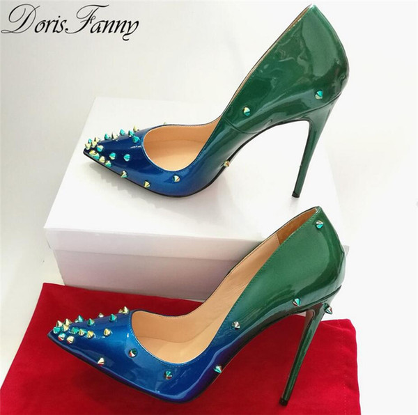 2019 fashion new girls genuine leather heels shoes pointed toe women pumps rivet studded for wedding patent leather
