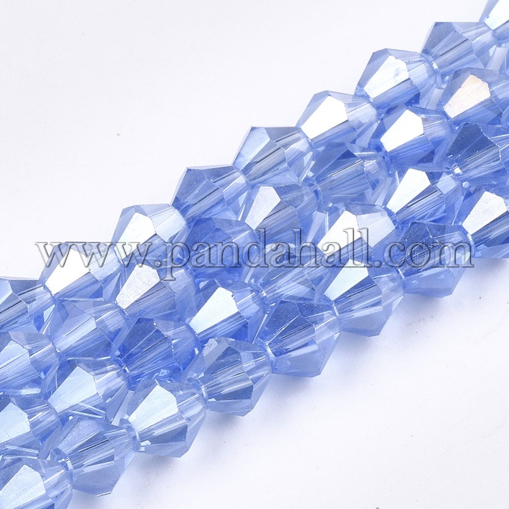 Electroplate Glass Beads Strands, AB Color Plated, Faceted, Bicone, CornflowerBlue, 6x5.5~6mm, Hole: 1mm; about 50pcs/strand, 11.02