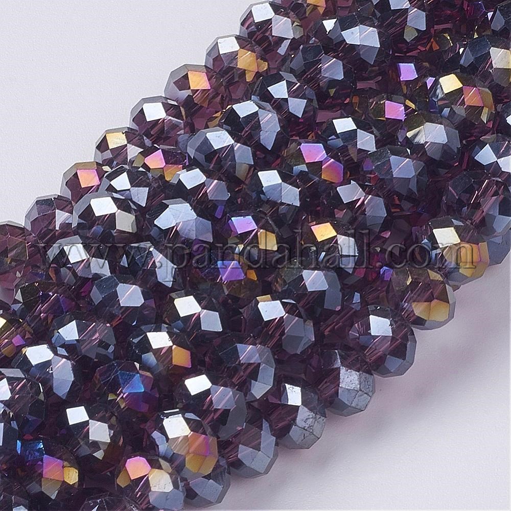 Electroplate Glass Beads Strands, AB Color Plated, Faceted Rondelle, Purple, 8x6mm; about 68~70pcs/strand