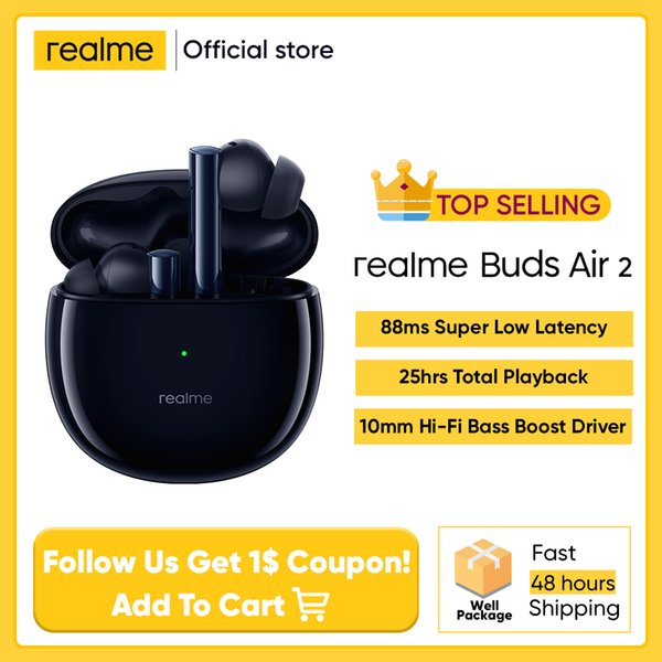 In Stock realme Buds Air 2 ANC Wireless Earphone 88ms er Low Latency 25h Playback Game Music Sports Bluetooth Headphones
