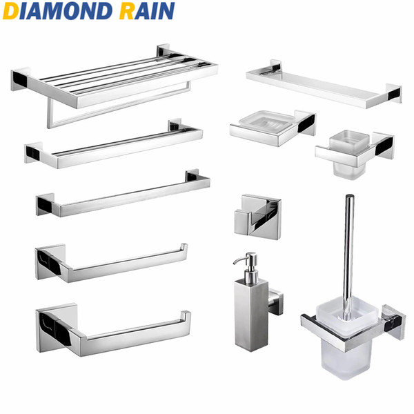 polished chrome 304 stainless steel bathroom hardware sets modern square silver bathroom accessories wall mounted dr-07