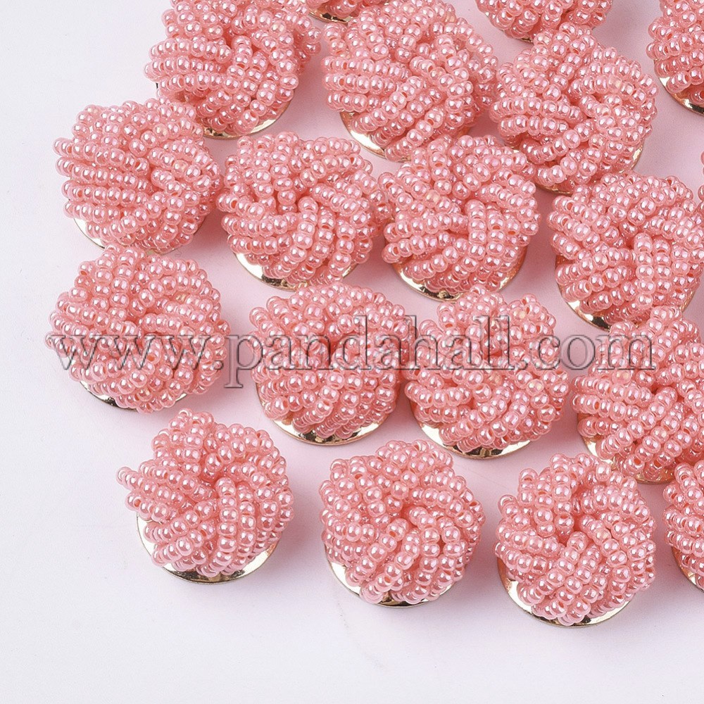 Glass Seed Beads Cabochons, Cluster Beads, with Golden Plated Iron Perforated Disc Settings, Flower, LightCoral, 19~20x10~12mm