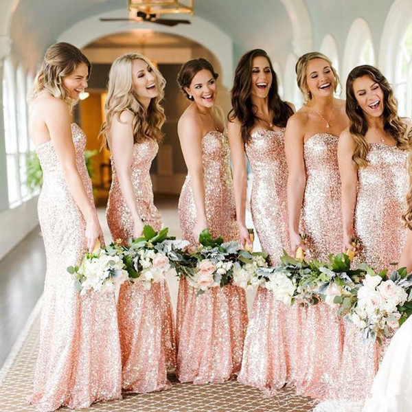 Rose Gold Sequins Mermaid Bridesmaid Dresses Cheap Custom Made Sweetheart Long Wedding Guest Dress Evening Party Gowns