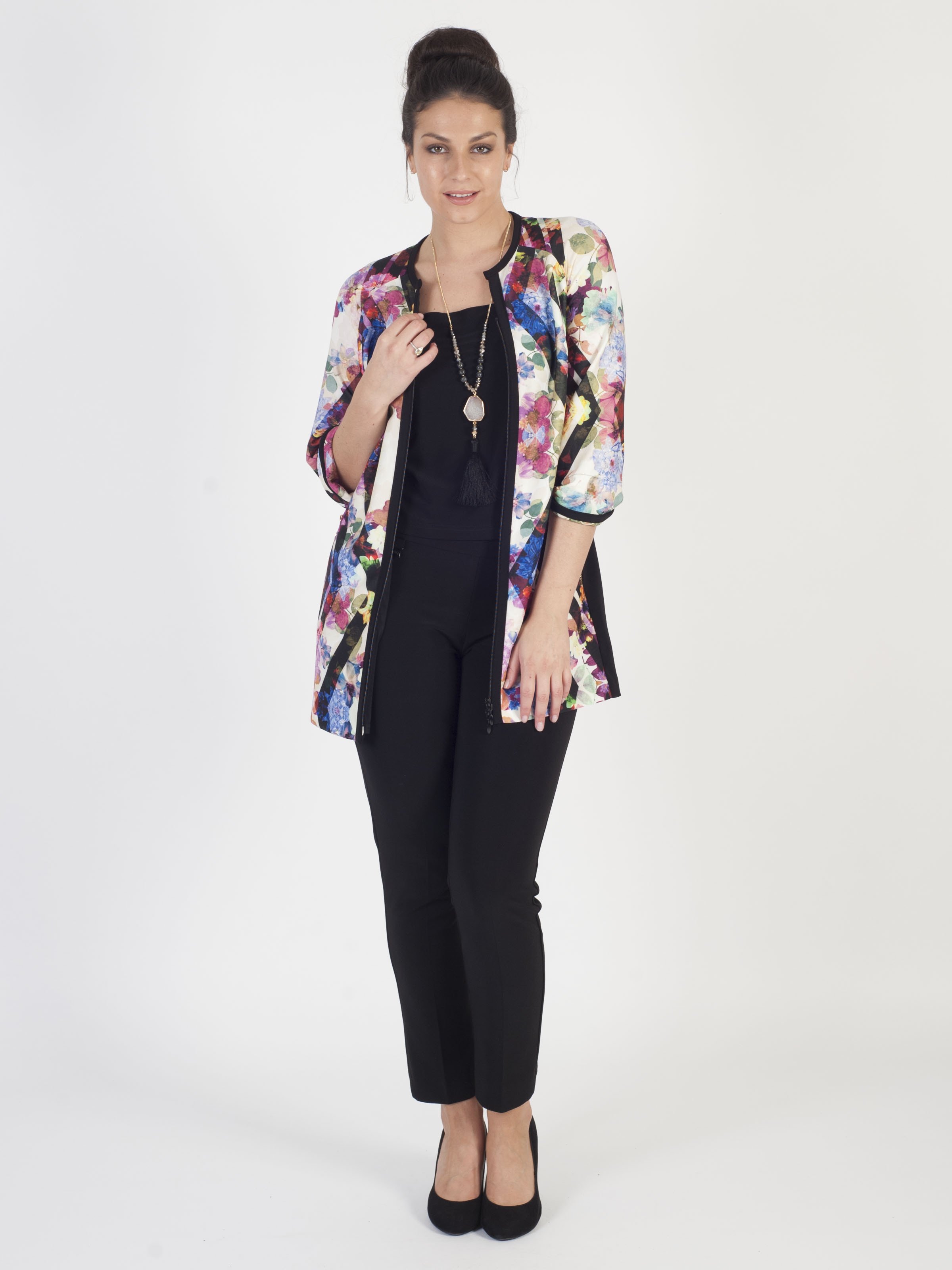 Joseph Ribkoff Black/Multi Floral print long line jacket