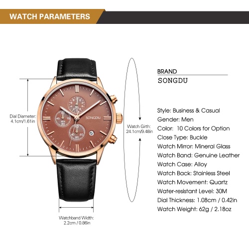 SONGDU Fashion Luxury Luminous Genuine Leather Men Casual Watch Quartz Chrono 30M Water-Proof Business Wristwatch + Box