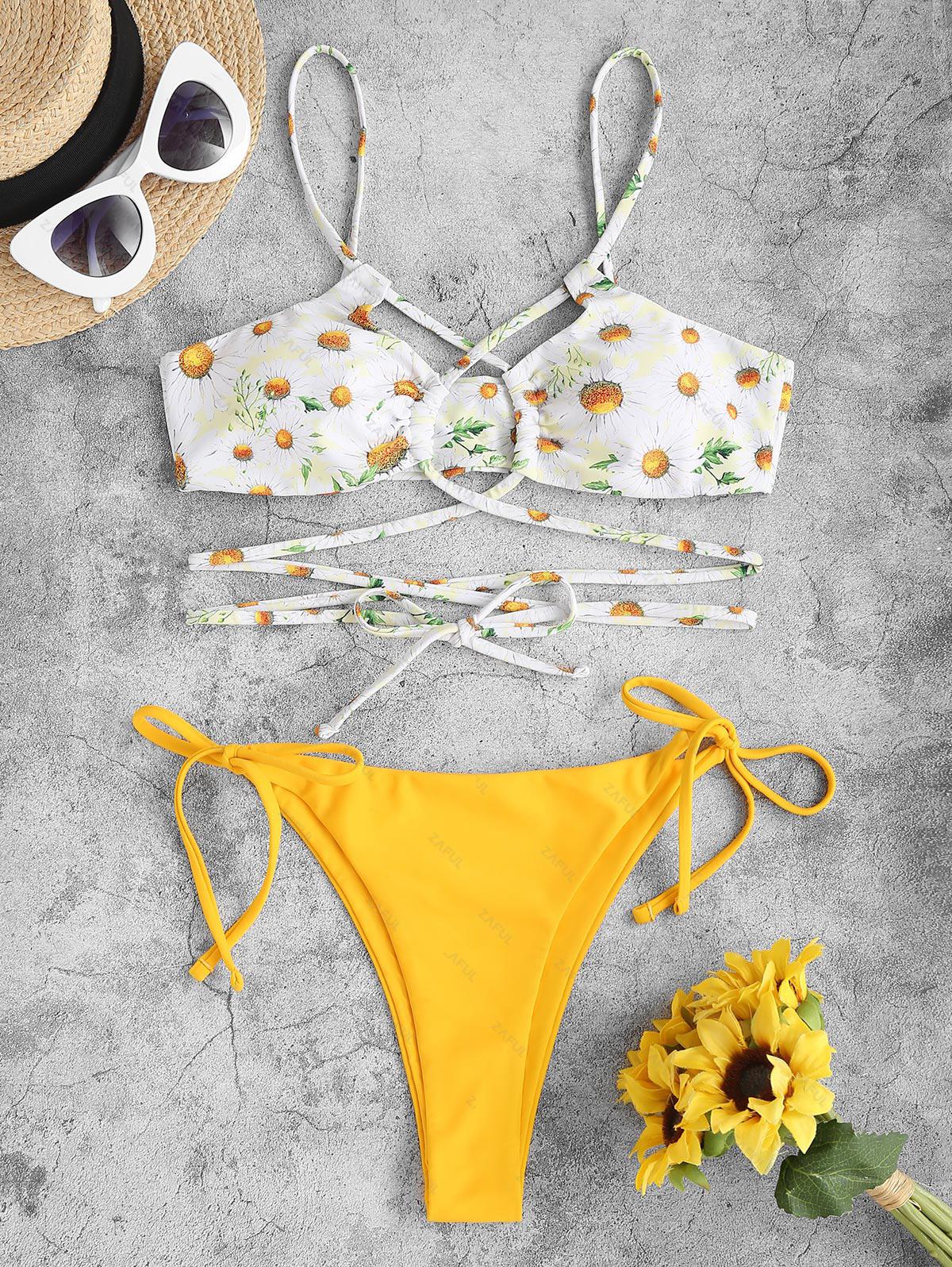 ZAFUL Daisy Lace Up Tie Side Floss Bikini Swimwear S Yellow