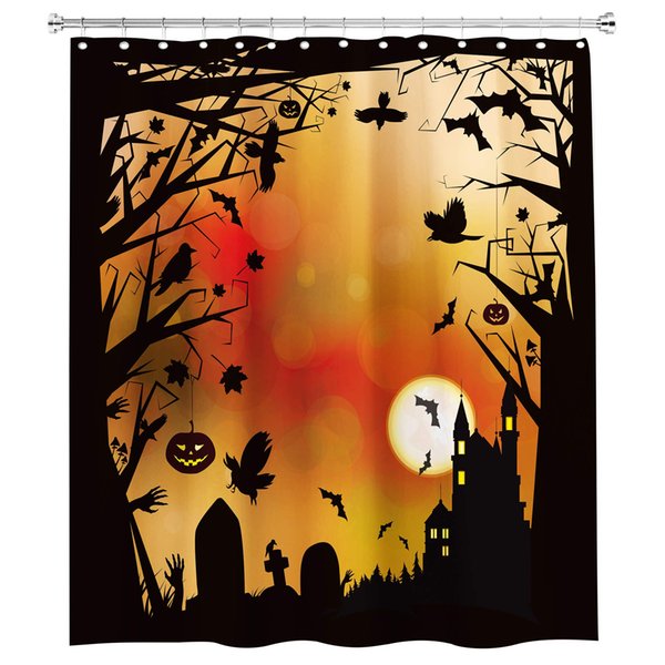 Halloween Pumpkin Shower Curtain Scary Tree Ghost Moon ShadowInch Bat Dark Night Haunted Artwork 12 Pack Hooks Polyester