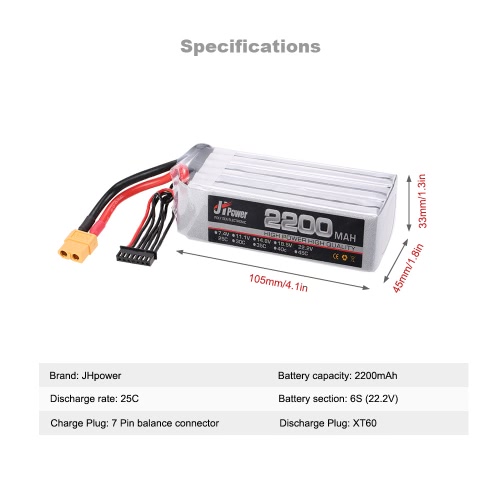 JHpower 22.2V 2200mAh 25C 6S LiPo Battery with XT60 Plug for RC 550 Multirotor Quadcopter Drone Car Boat Airplane Helicopter