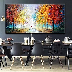 Handmade Oil Painting Canvas Wall Art Decoration Pedestrian Trees Autumn Scenery for Home Decor Stretched Frame Hanging Painting Lightinthebox