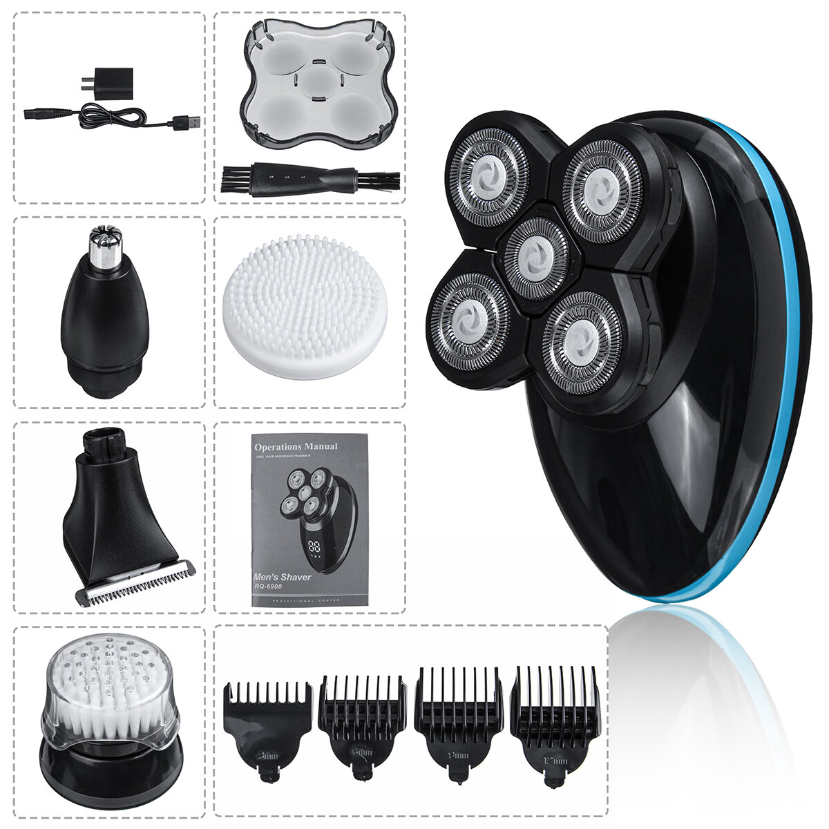 5 in 1 Rotary 5 Heads Elektrorasierer USB Wiederaufladbarer wasserdichter Nass- und Trockenbart-Nasenhaarschneider
