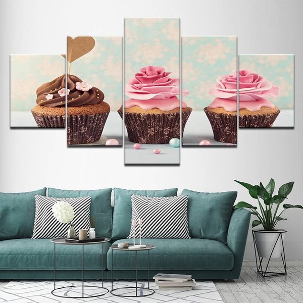 Canvas Painting 3 Cupcake ice-cream rose 5 Pieces Modular Wallpapers Poster Print for living room Home Decor(No Frame)