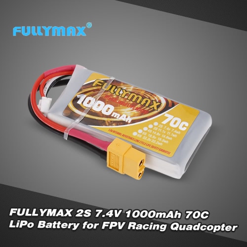 FULLYMAX 2S 7.4V 1000mAh 70C High Rate XT60 Plug LiPo Battery for 130 FPV Racing Quadcopter RC Car Boat