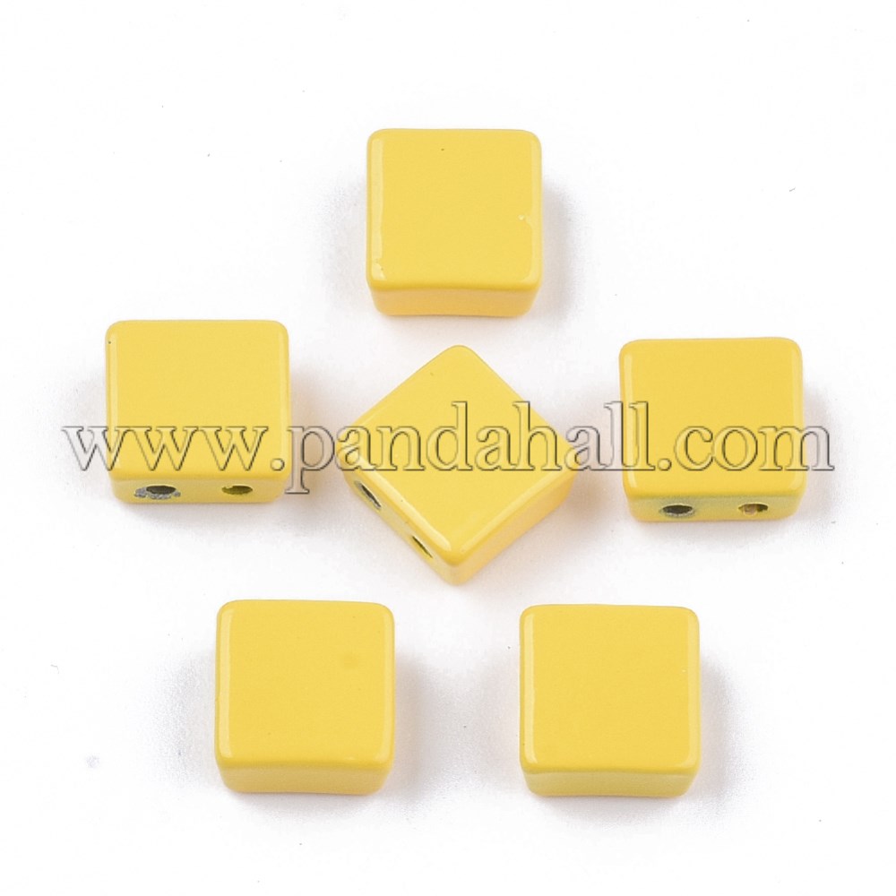 Spray Painted Alloy Multi-Strand Links, For Tile Elastic Bracelets Making, Square, Gold, 8x8x4mm, Hole: 1.2mm