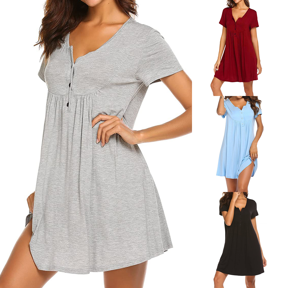 Casual V Neck Short-sleeve Solid Sleepwear