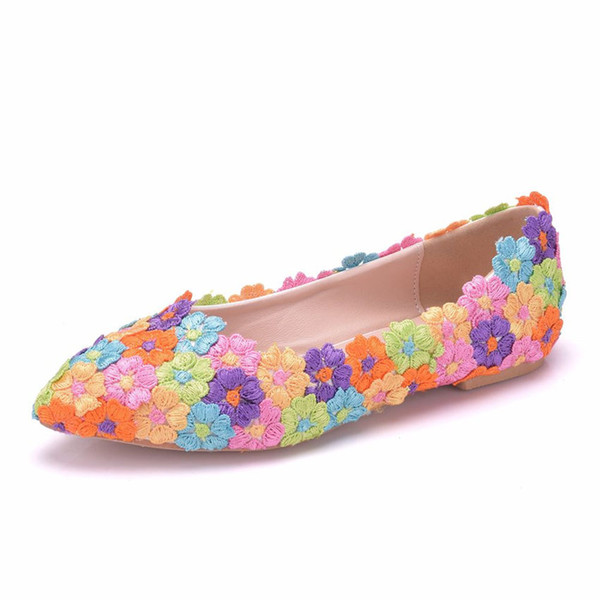 new fashion beautiful women flats multi flowers pointed toe flat lace wedding shoes plus size