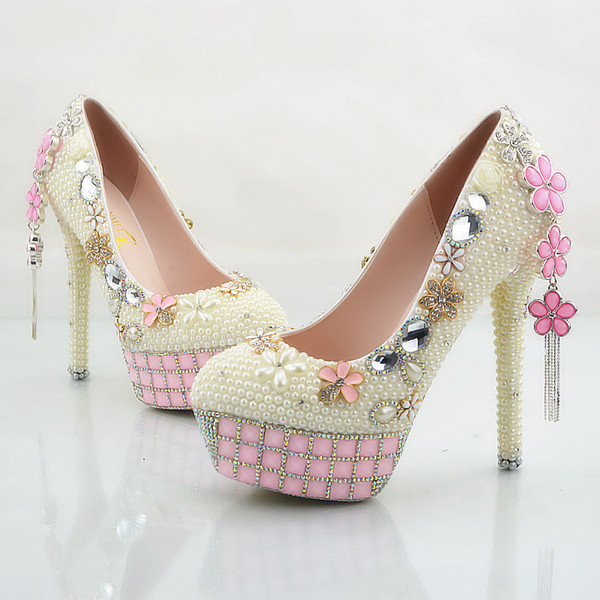 2018 handmade fashion pink crystal flowers tassel high heels ivory pearls wedding shoes bridal high heels elegant party prom wedding shoes