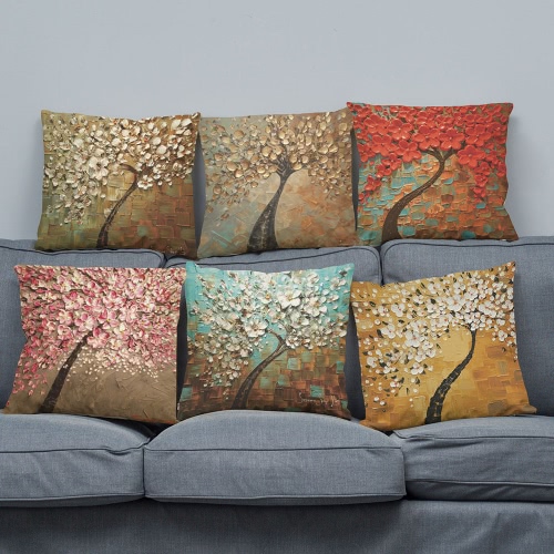 Simple Fashionable Bright Colorful Red White Purple Pink Golden Flowers Trees Leaves Images Impressionism Pastoral Life Oil Painting Spring Floral Patterns Linen Square Cushion Throw Pillow Covers Pillowcases Decorative Gifts For Home Children Office Car