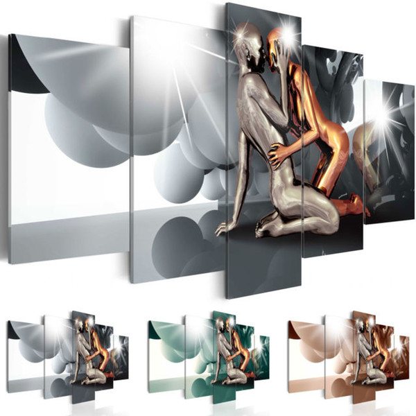 fashion wall art canvas painting 5 pieces grey green brown abstract metal intimate lover modern home decoration,choose color and size no fra