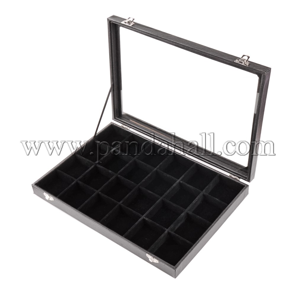 Imitation Leather and Wood Display Boxes, 24 Grids with Lid Jewelry Display Boxes, with Glass, Rectangle, Black, 24x35x4.5cm