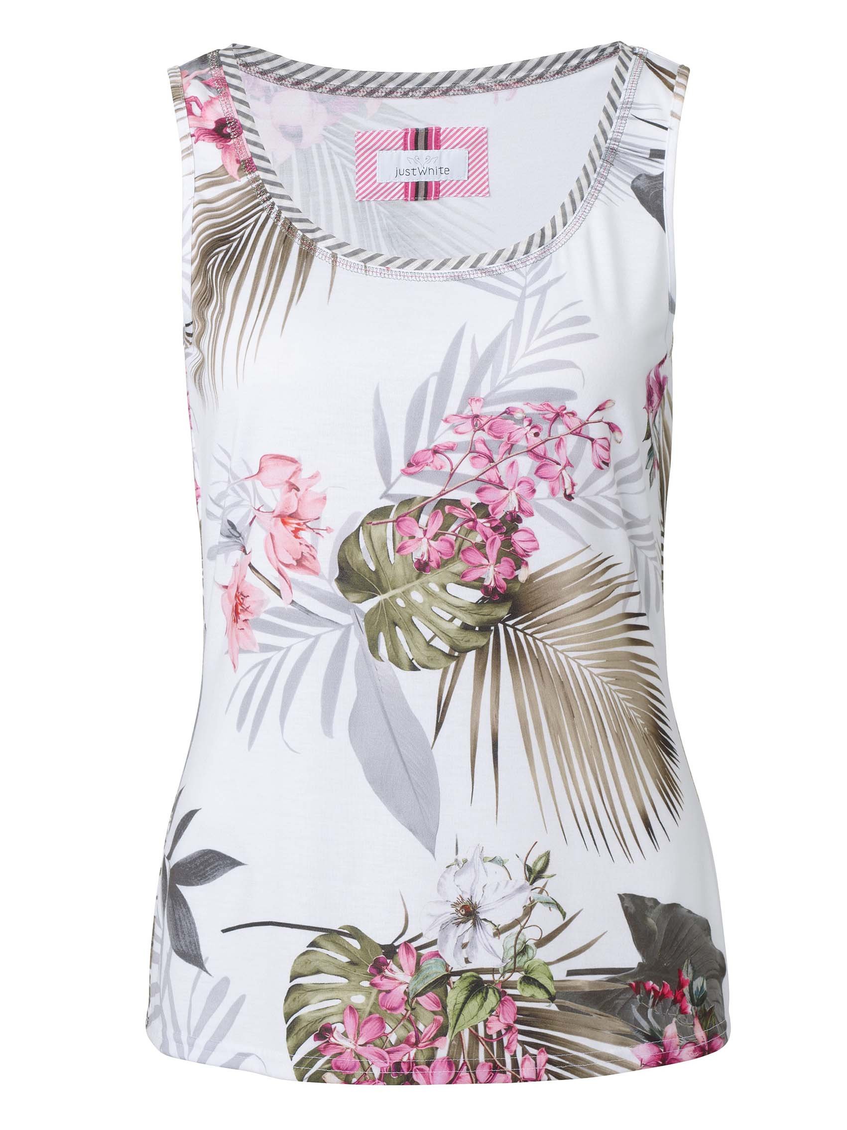 Just White White/Khaki/Pink Tropical Print Sleeveless Jersey Top
