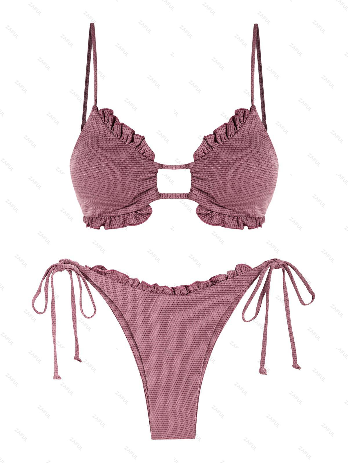 ZAFUL Frilled Tie Side String Bikini Swimwear M Light purple