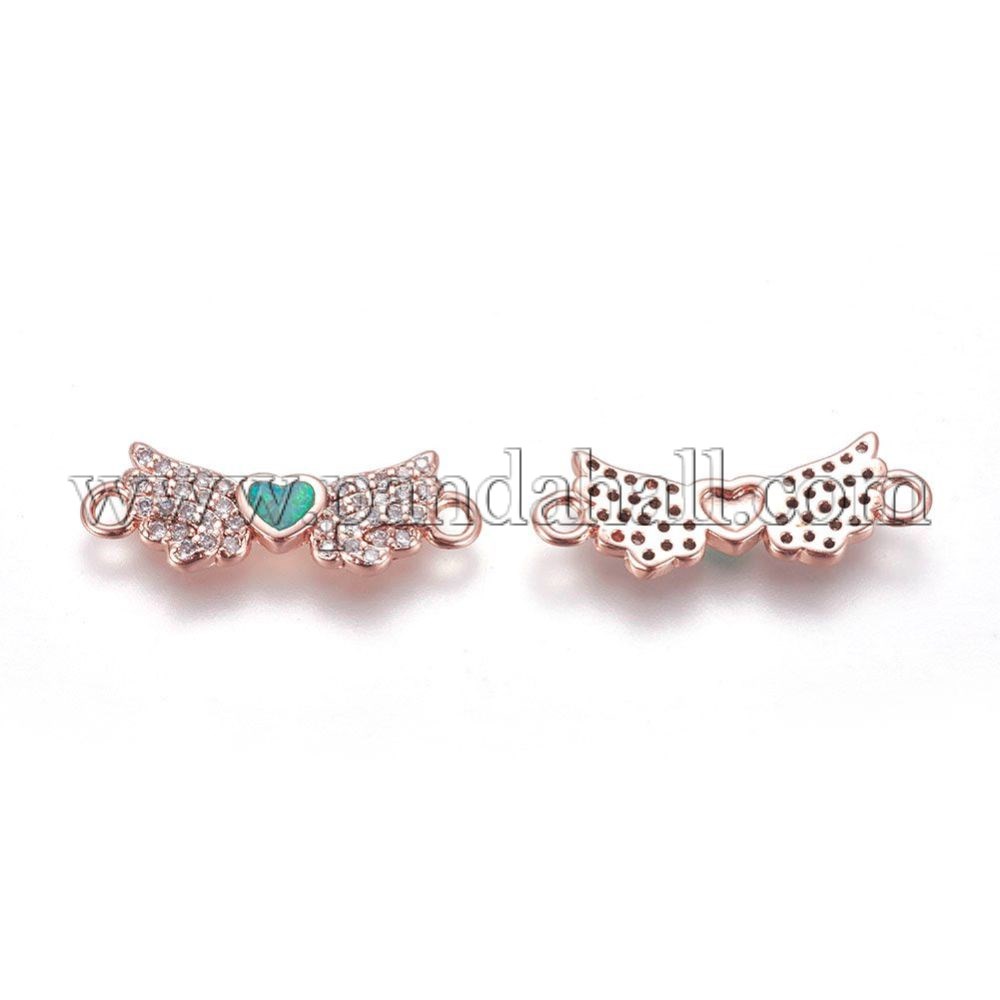 Brass Cubic Zirconia Links, with Synthetic Opal, Wing with Heart, Rose Gold, Green, 7x21x2mm, Hole: 1.6mm