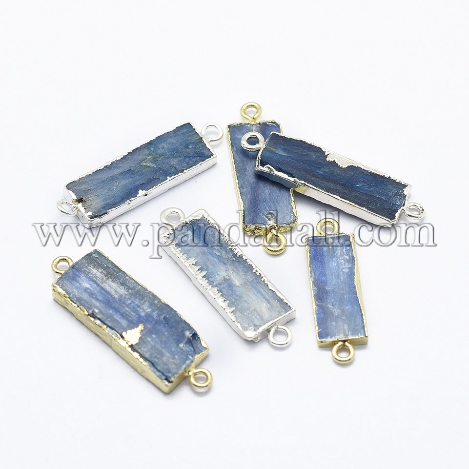 Electroplated Natural Kyanite/Cyanite/Disthene Links/Connectors, with Brass Findings, Rectangle, Mixed Color, 28~36x8~12x2~4mm, Hole: 2mm