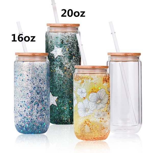 US Delivery Double Walled Glass Tumbler 16oz 20oz Straight Pre-drilled Snow Globe Mugs For Sublimation And Glitter Cups
