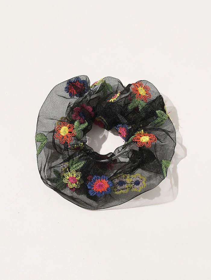 Floral Embroidery Transparent Mesh Scrunchy