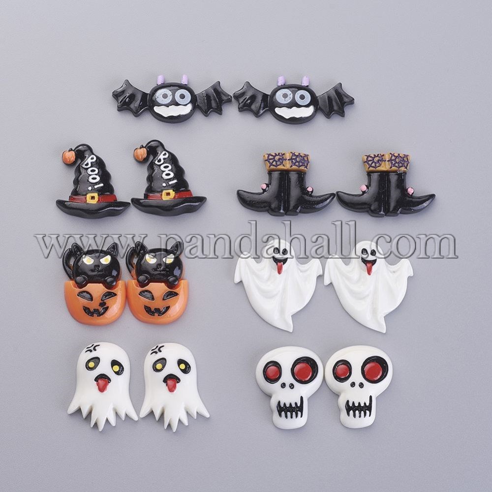 Halloween Theme Resin Cabochons, Mixed Shapes, Mixed Color, 8.2x8.2x2.7cm; 35pcs/box