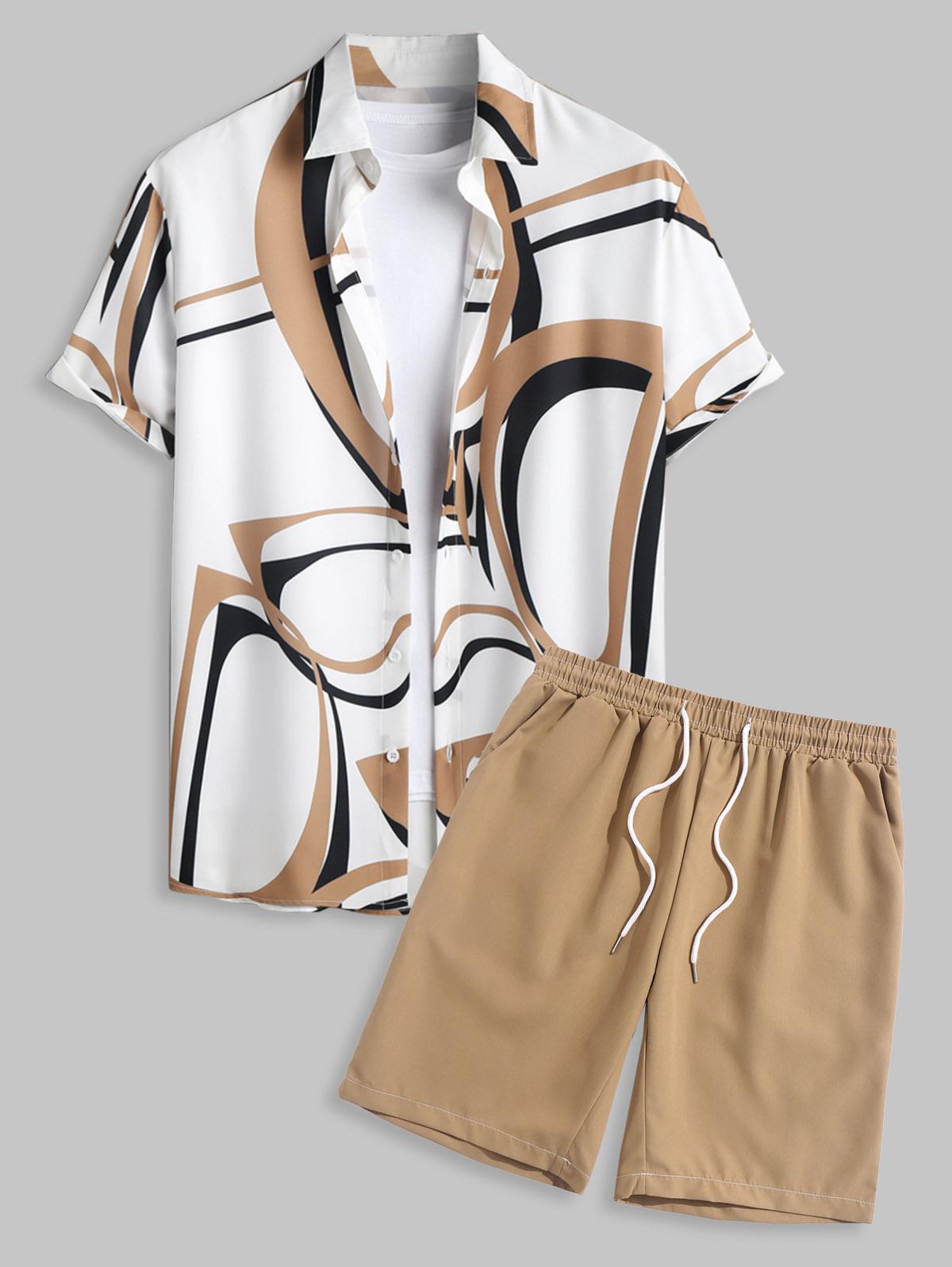 ZAFUL Men's Men's Casual Abstract Geo Print Button Up Short Sleeves Shirt and Basic Casual Shorts Set Light coffee
