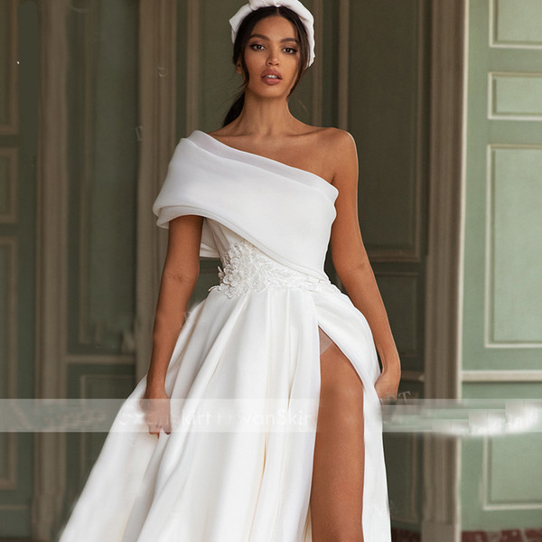 High-split Wedding Dresses Big Bow Appliqued 2020 Newest A Line Beach One-shoulder Bridal Gown Custom Made Ruched Satin Long Robes De Mariée