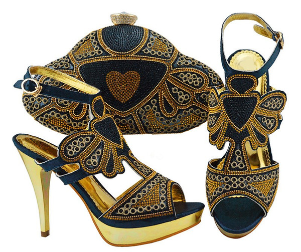 fashionable d.blue women pumps with crystal and rhinestone african shoes match handbag set for dress jzc004,heel 11.5cm