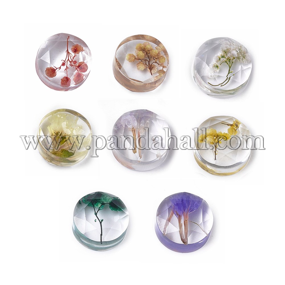 Resin Cabochons, with Dried Flower inside, Faceted, Flat Round, Mixed Color, 16x8mm