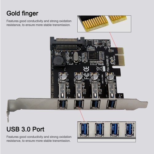 Quatre ports USB 3.0 super rapide 5 Gbps carte d'extension PCI-E Adaptateur adaptateur de carte de convertisseur PCI Express Module d'alimentation pour PC de bureau avec support extra-plat 2U