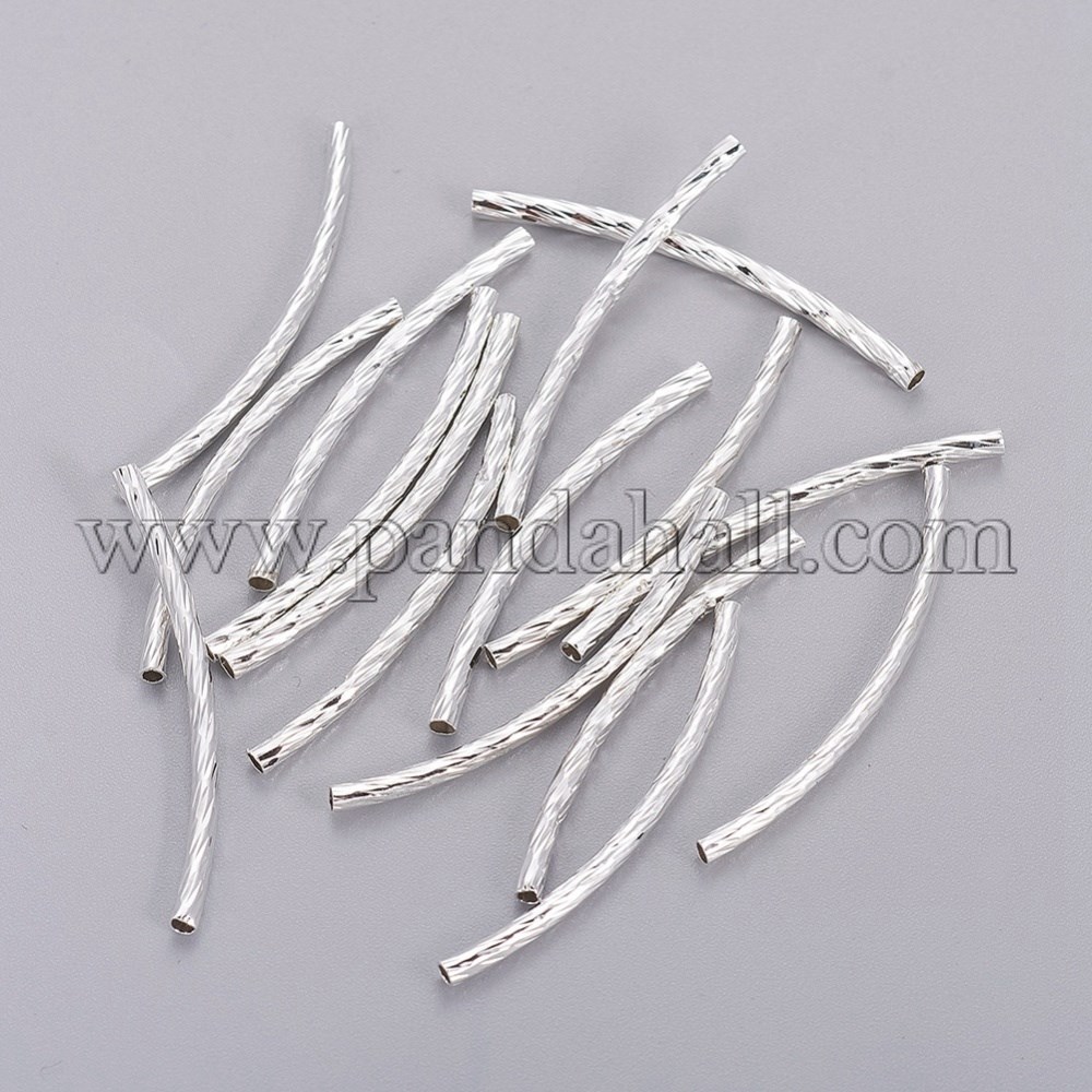 Curved Brass Tube Beads, Silver, about 2mm wide, 35mm long, hole: 1mm