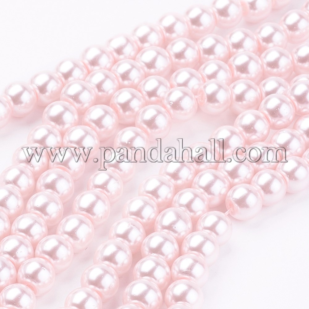 Glass Beads Strands, Imitation Pearl, Pearlized, Round, Dyed, Pink, about 6mm in diameter, hole: 1mm, 145pcs/strand