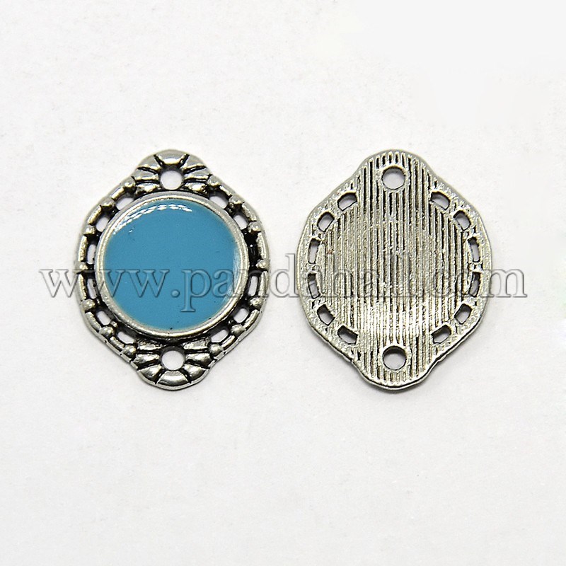 Oval Antique Silver Tone Alloy Enamel Links/Connectors, SkyBlue, 18x15x1.5mm, Hole: 1mm