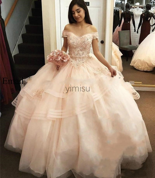 Baby Pink Ball Gown Quinceanera Dresses Off Shoulder Lace up Back Appliques Beads Long Formal Prom Party Gowns for Sweet 16