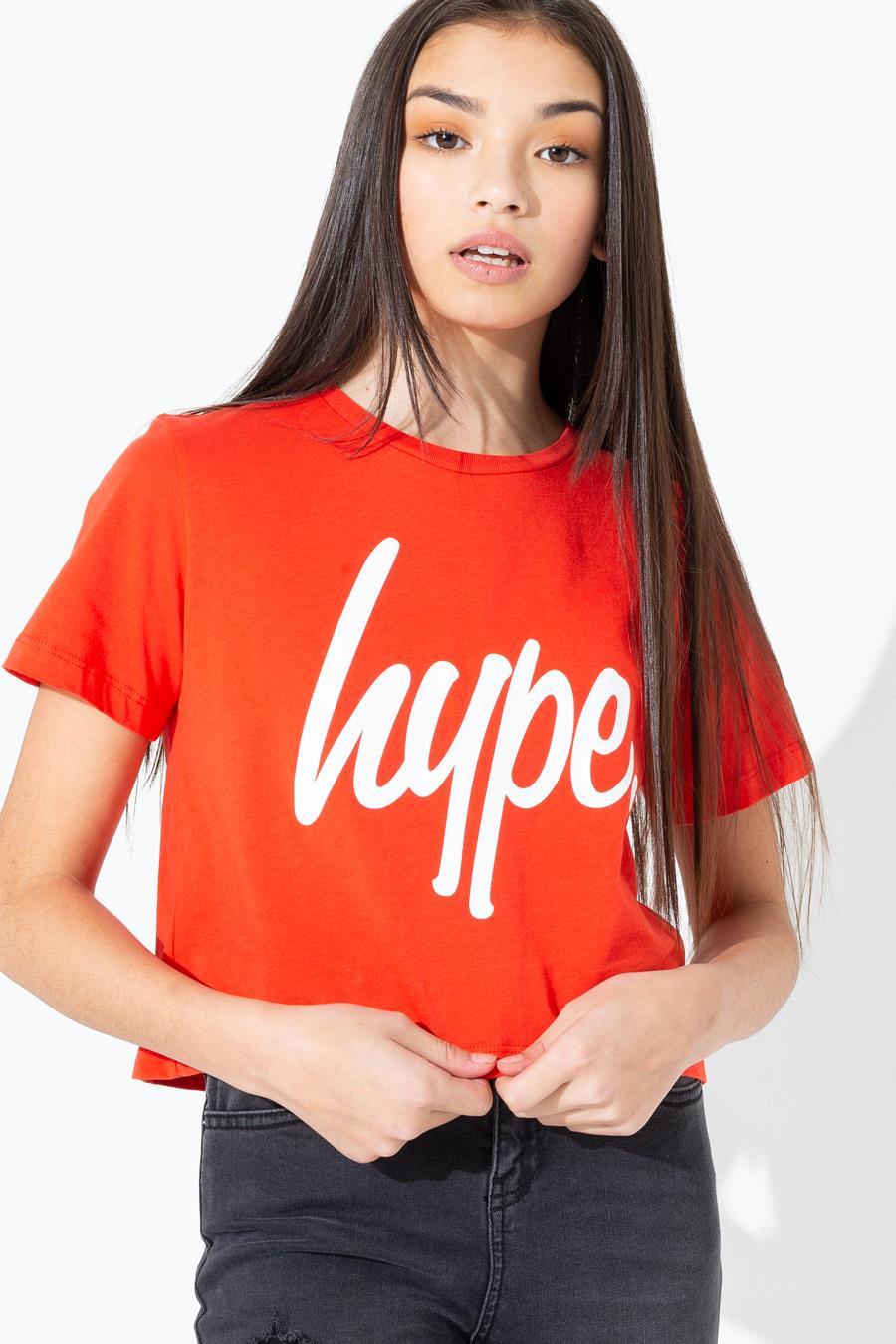 Hype Red White Script Kids Crop T-Shirt | Size 14Y