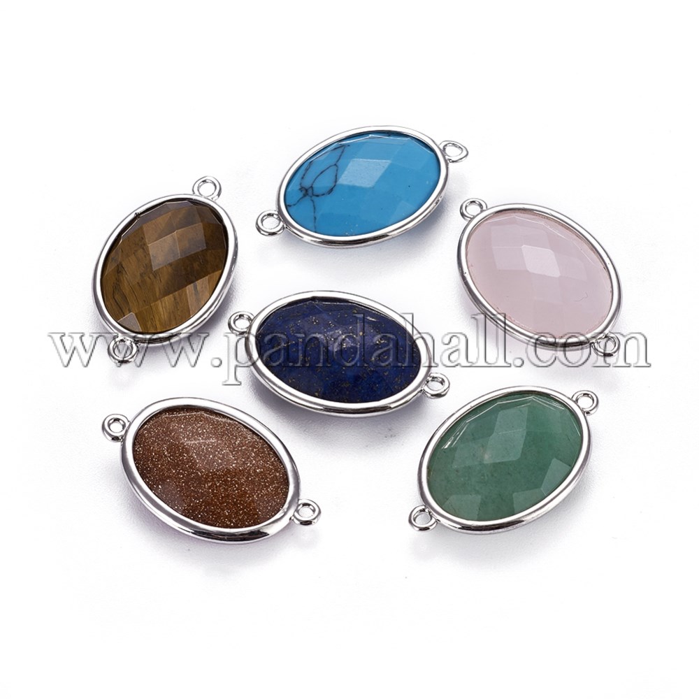 Platinum Tone Brass Gemstone Links/Connectors, Faceted, Oval, 26.5x15x6mm, Hole: 1~2mm